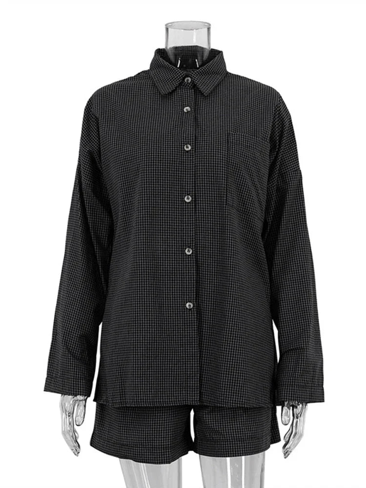 3-Piece Gray Plaid Cotton Lounge Set