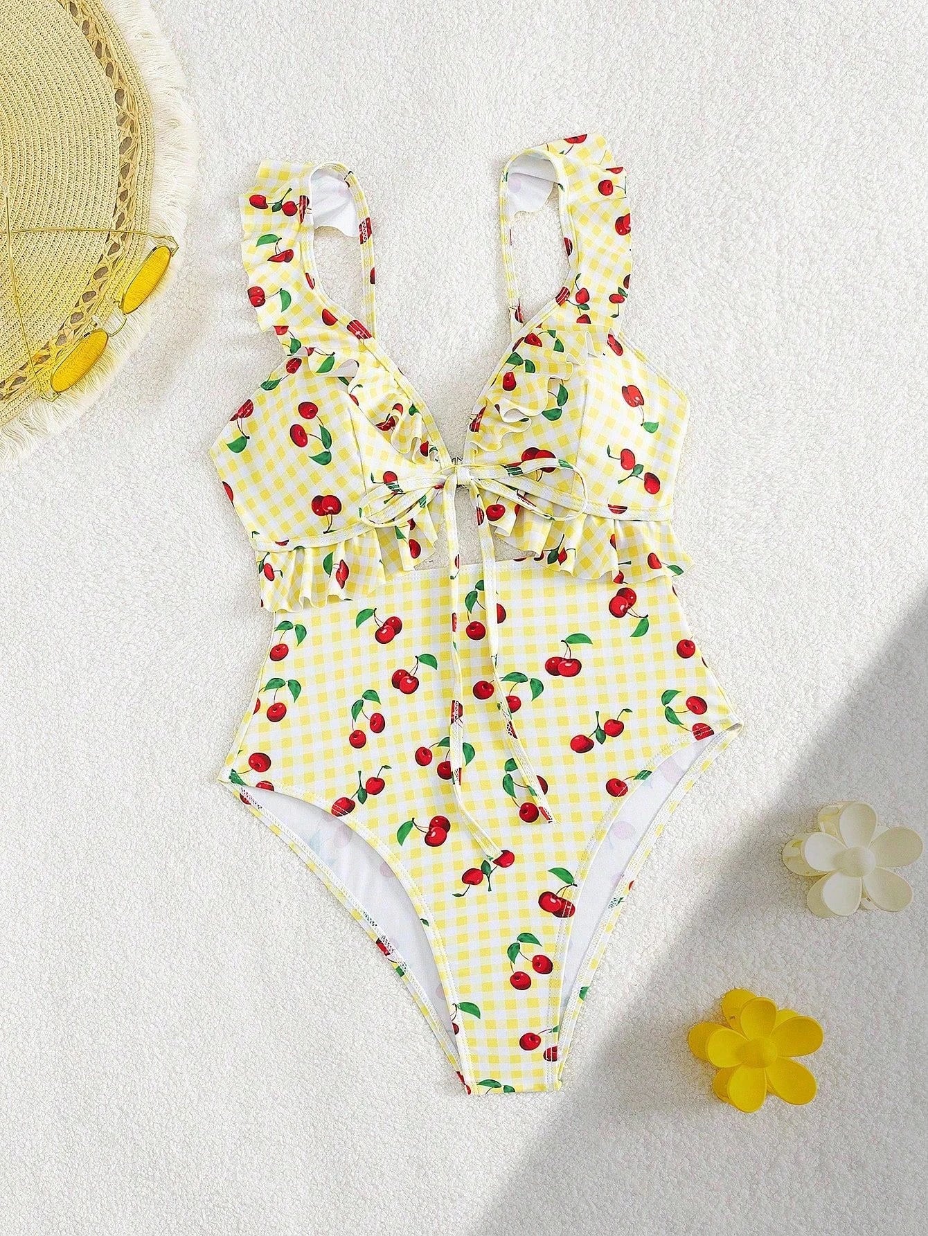 Vintage Pink Starberry Print One Piece Swimsuit