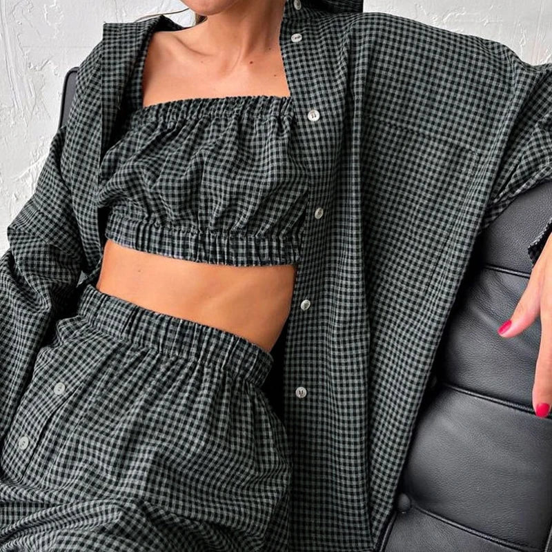 3-Piece Gray Plaid Cotton Lounge Set
