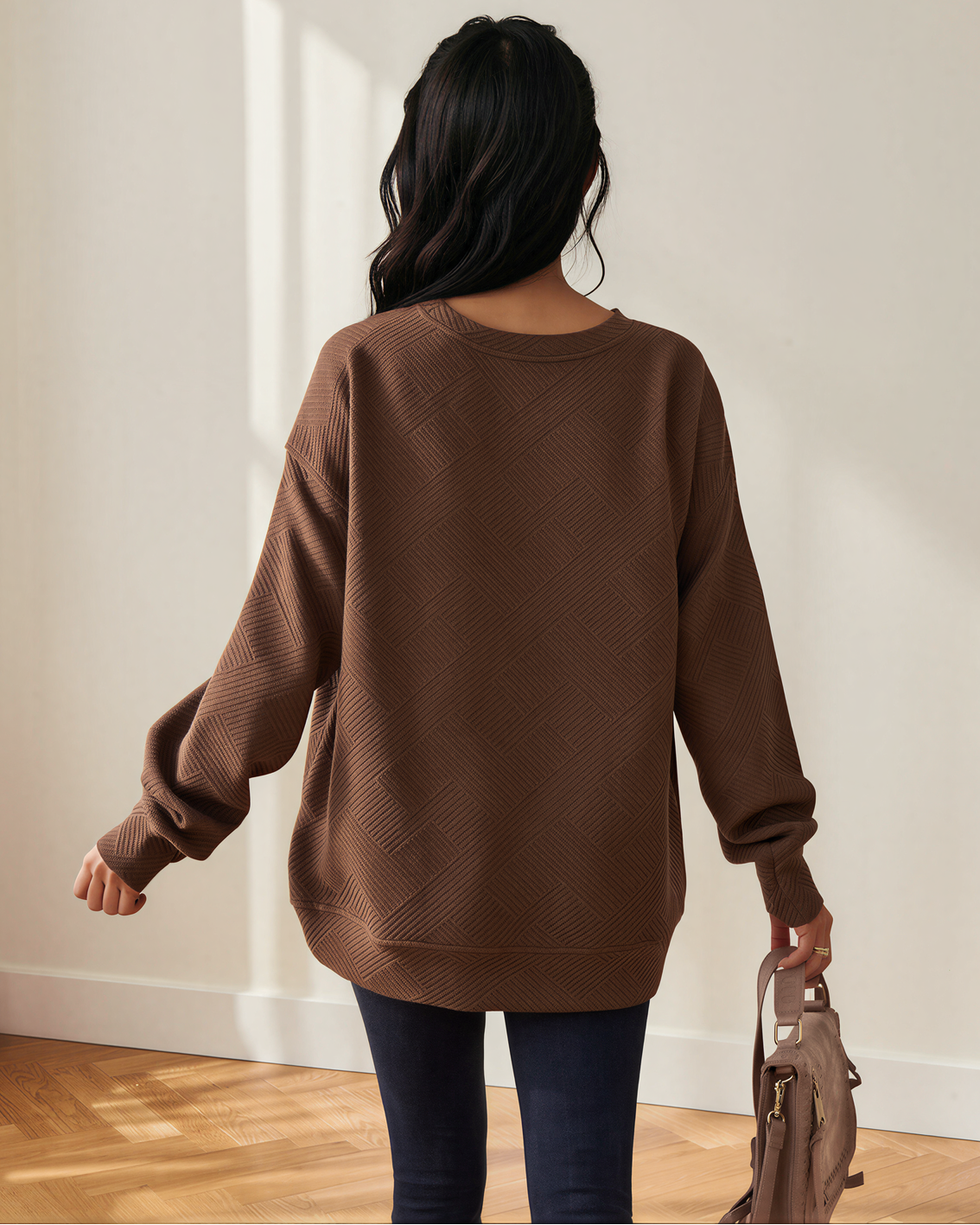 Brynn Textured Round Neck Drop Shoulder Pullover Sweatshirt