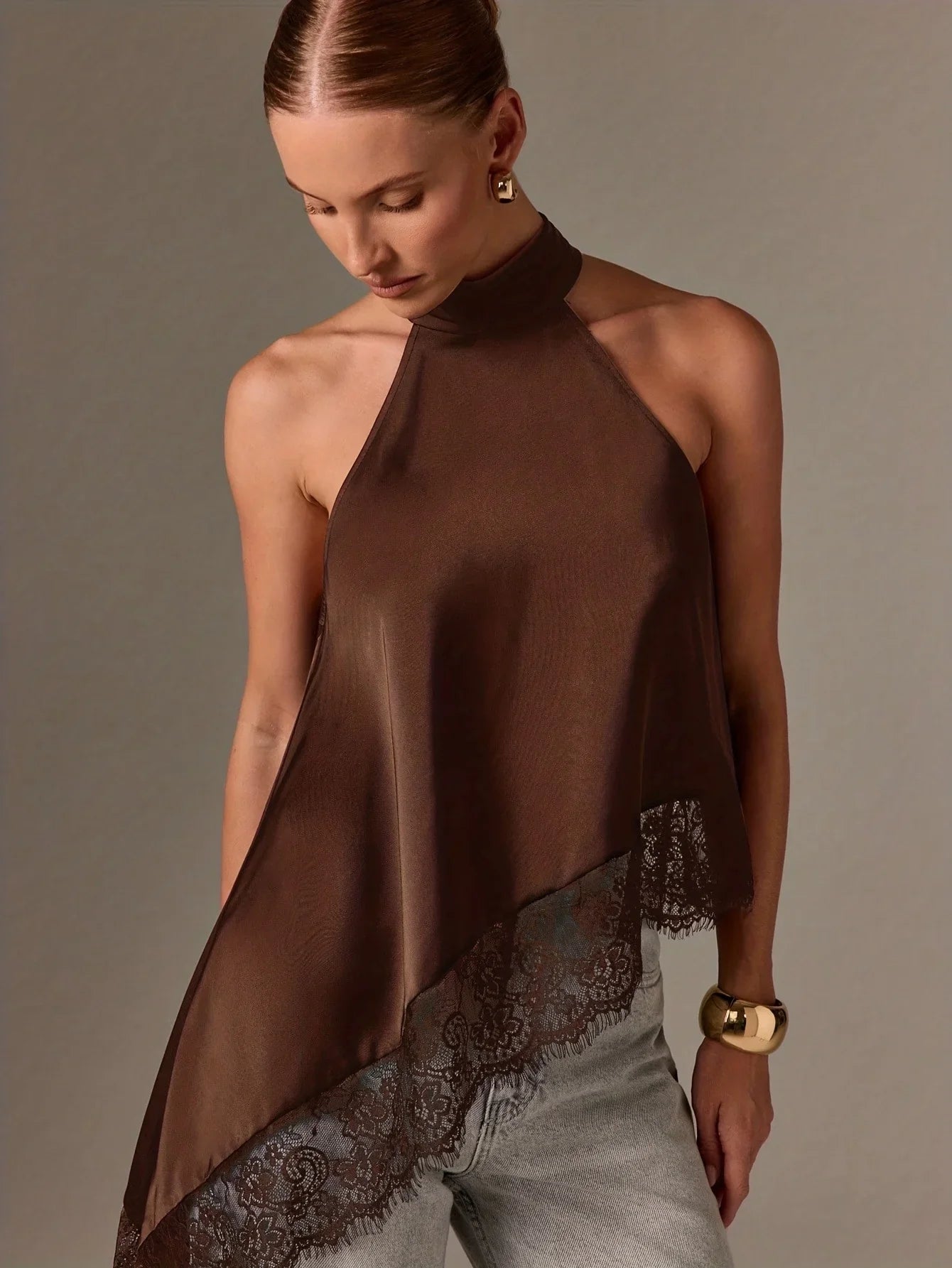 Autumn Asymmetrical High-Neck Backless Halter Neck Top