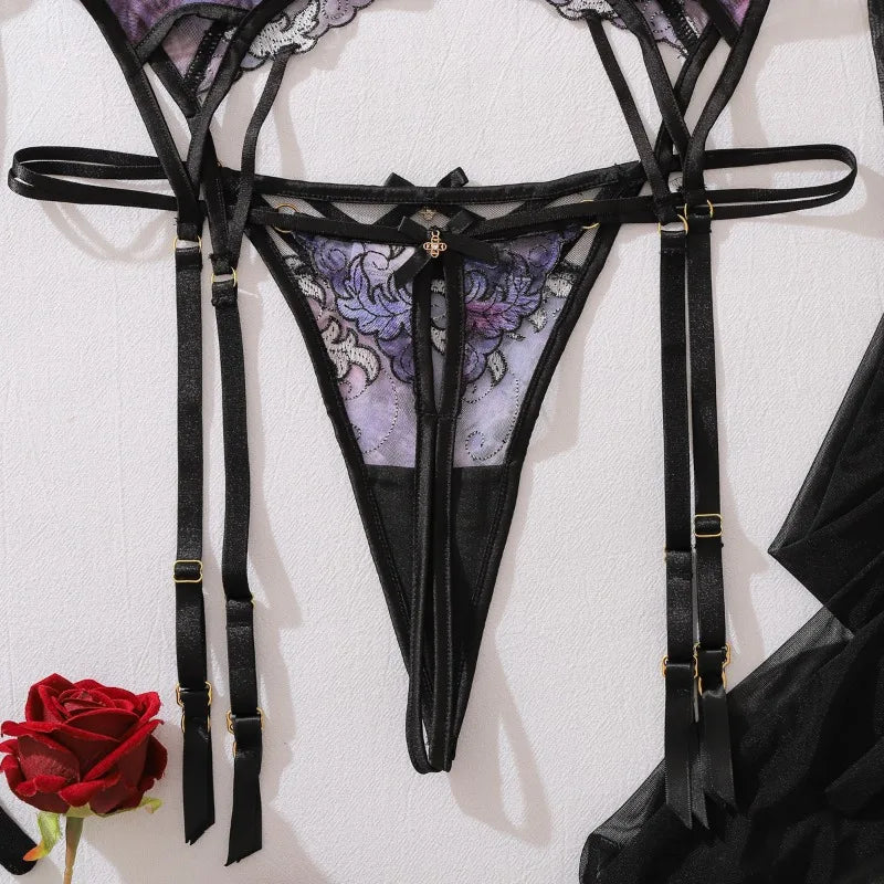 Contrasting Color Embroidery Lingerie Split Set