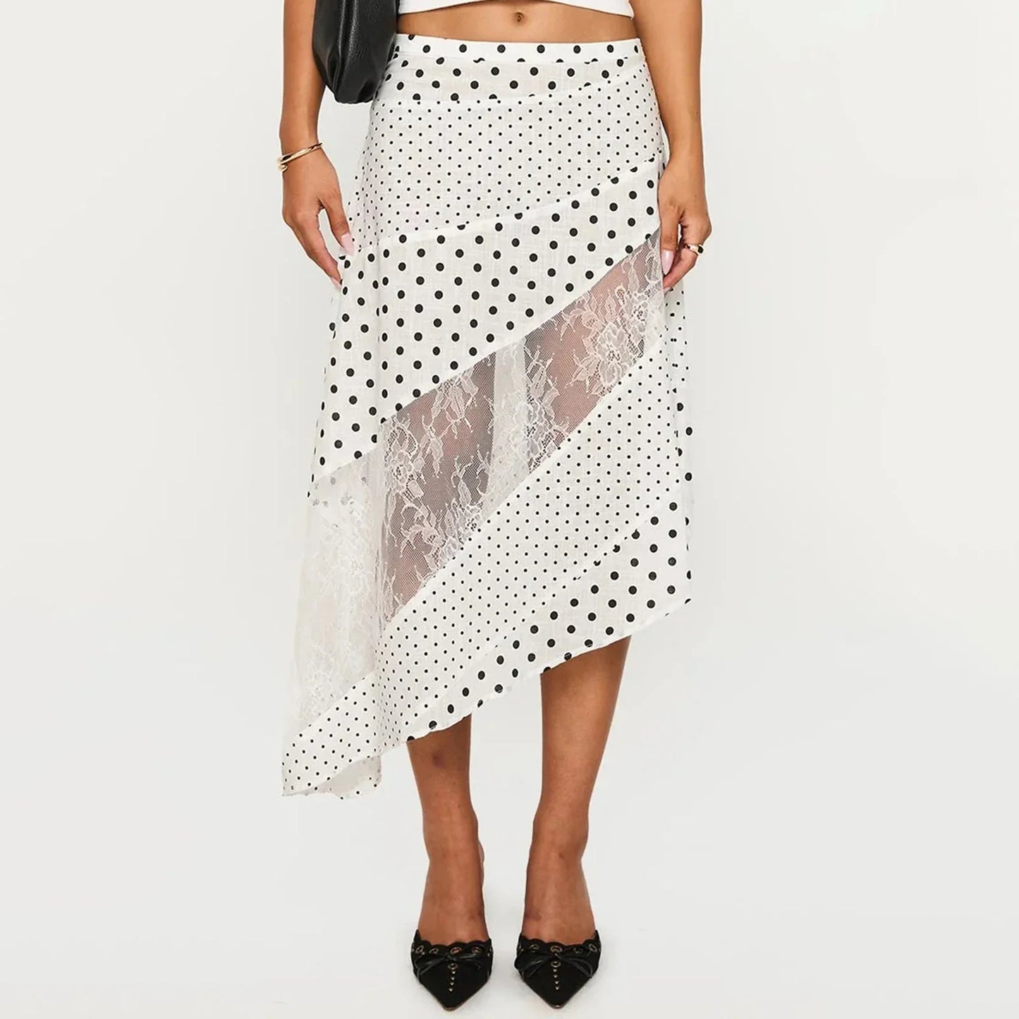 Lace Flowy Midi Skirt Vintage Low Waist