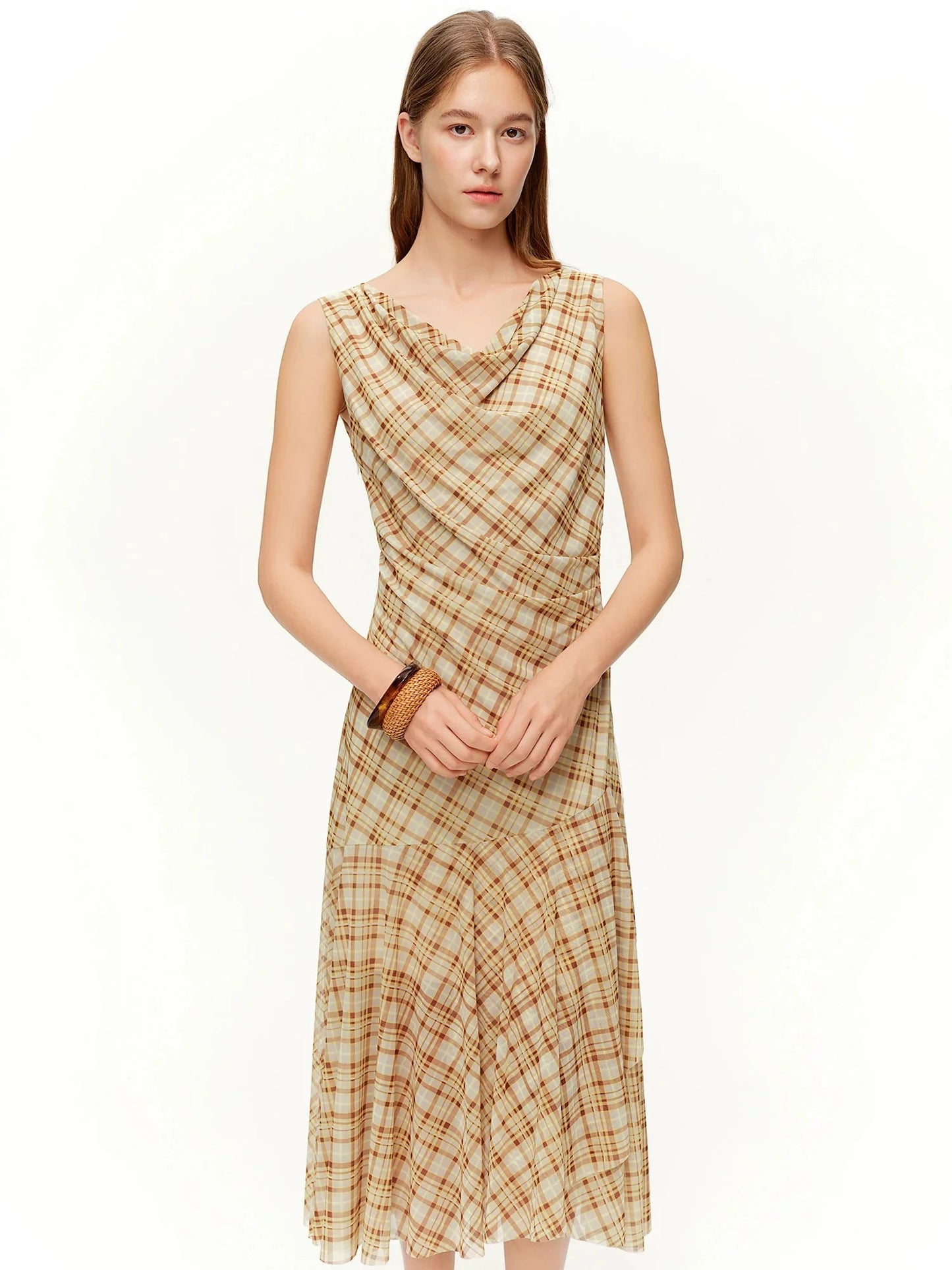 Brown Retro Plaid Mesh Maxi Dress