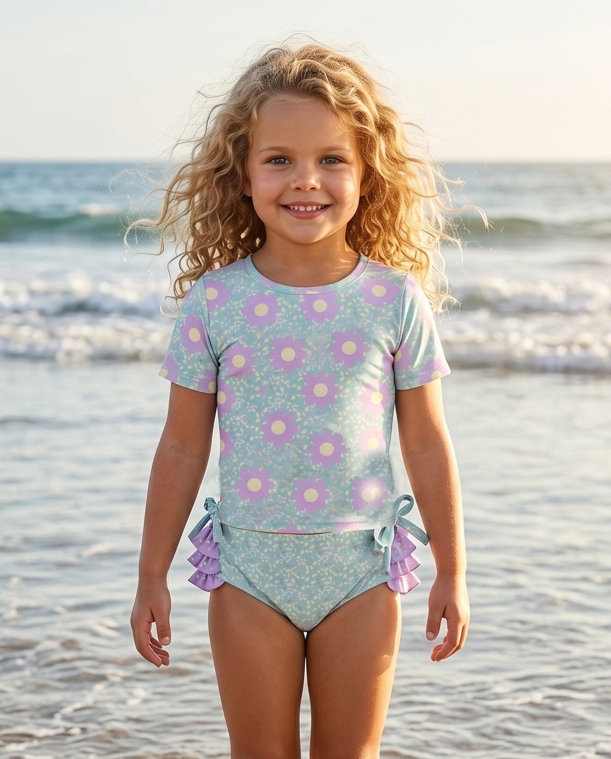 Sophie Mint Lavender Ruffles Rash Guard Swimsuit
