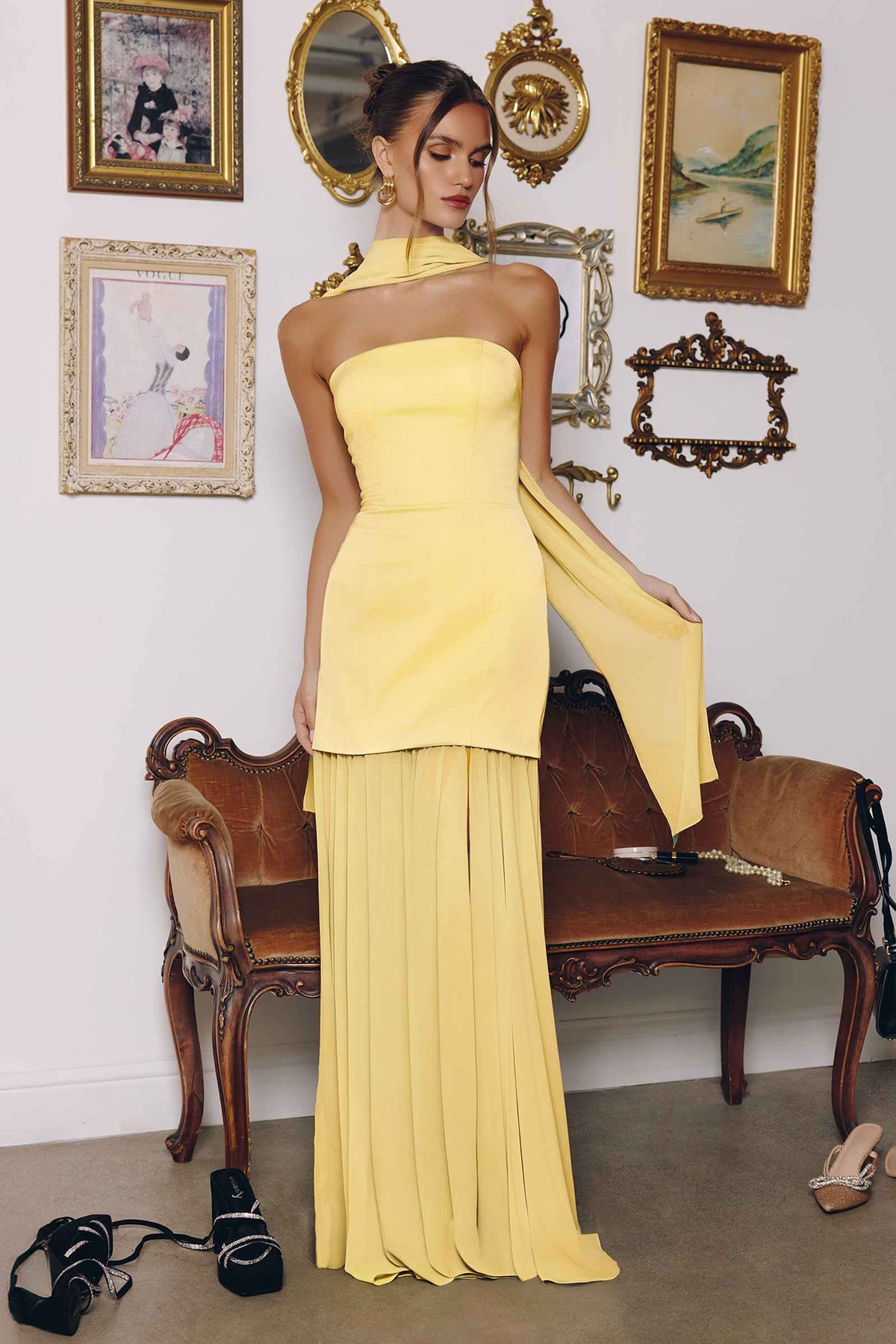 Strapless Satin Bodice Pleated Chiffon Skirt Fitted Dress