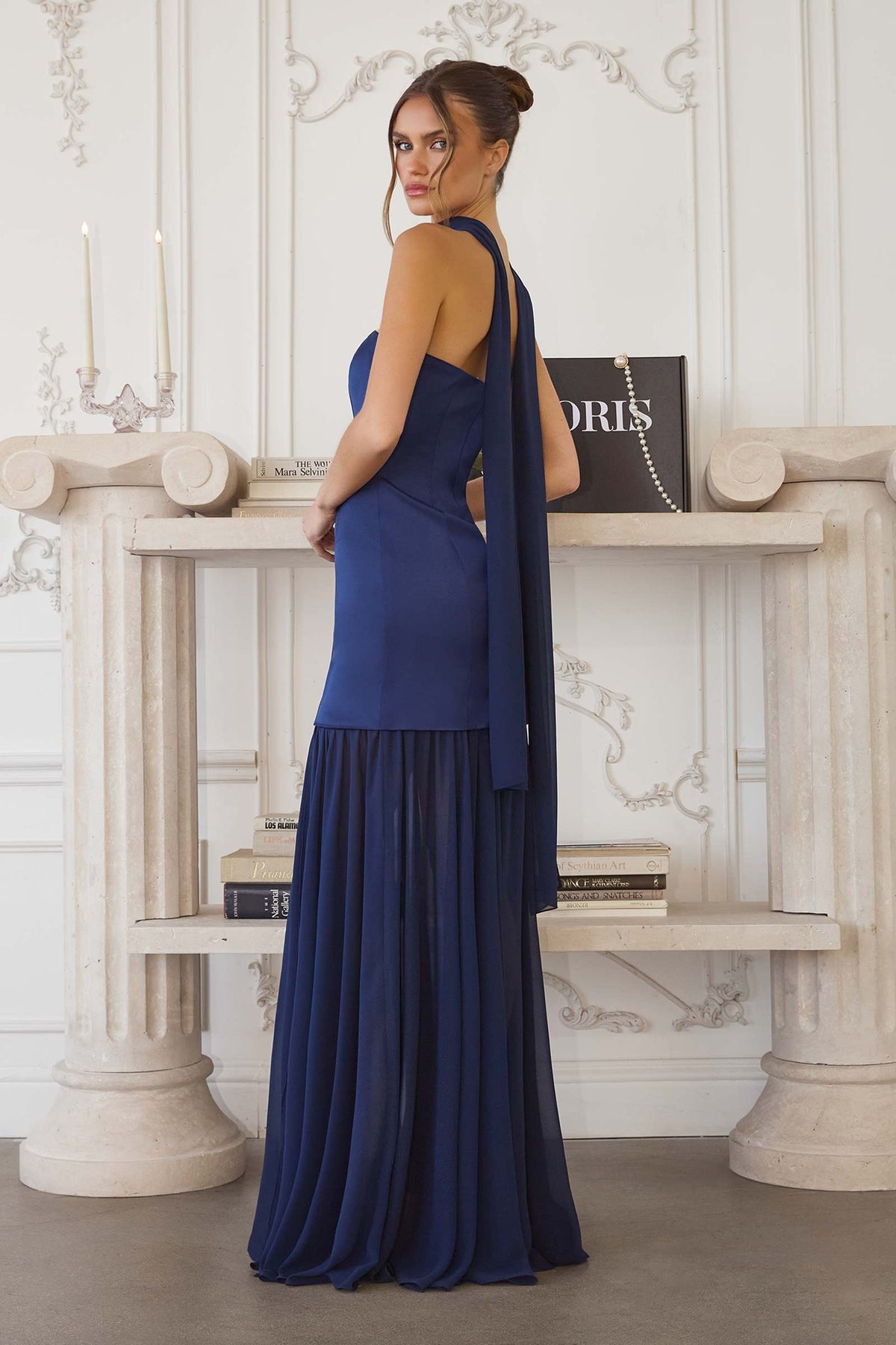 Strapless Satin Bodice Pleated Chiffon Skirt Fitted Dress
