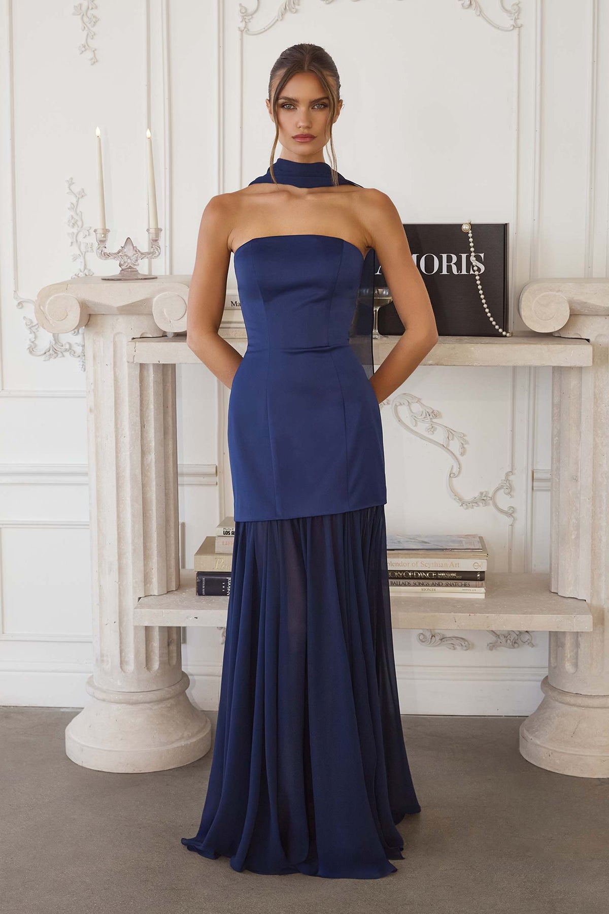 Strapless Satin Bodice Pleated Chiffon Skirt Fitted Dress