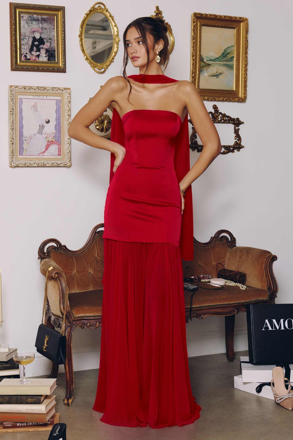 Strapless Satin Bodice Pleated Chiffon Skirt Fitted Dress