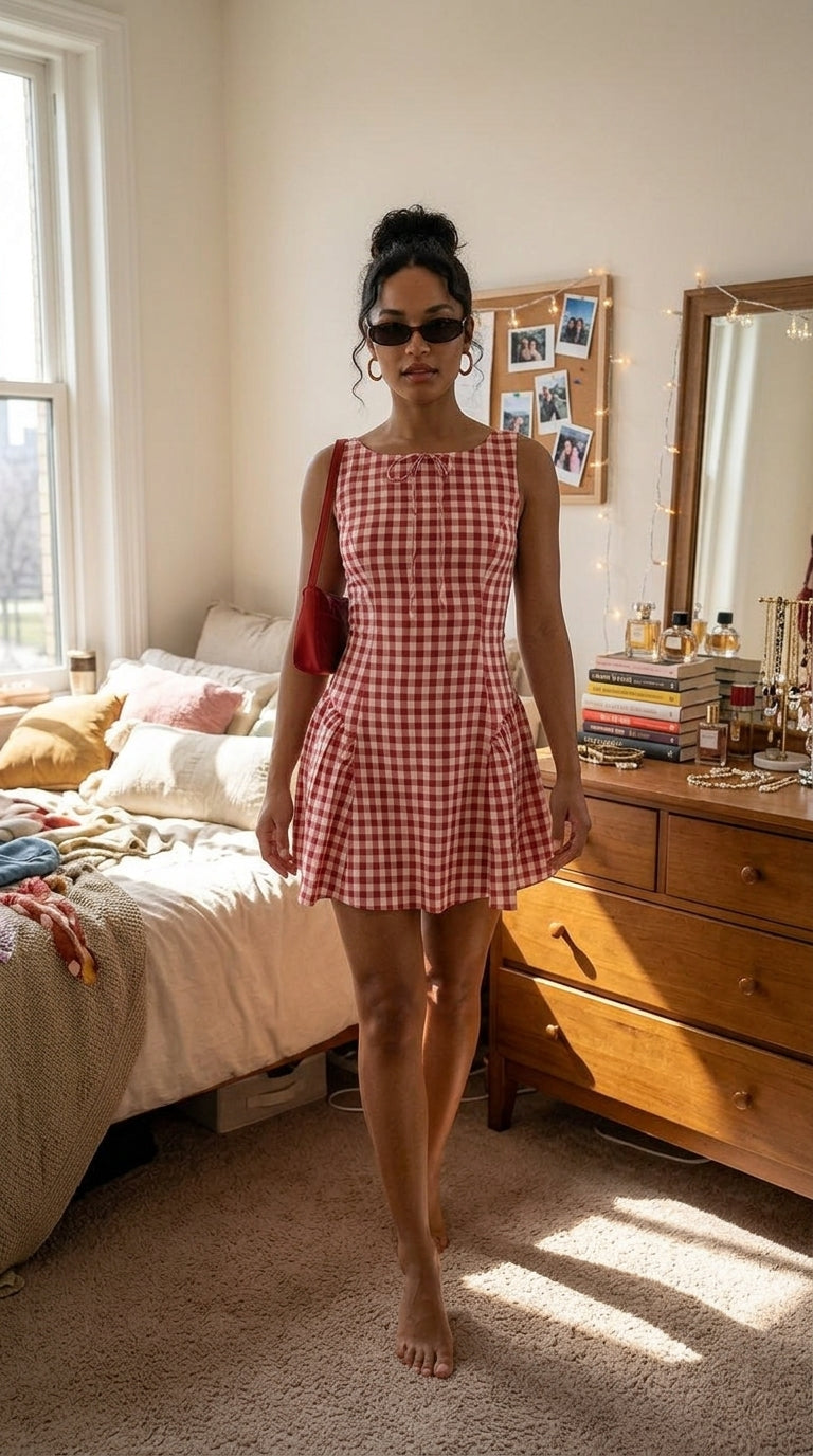 Pleated Waist Tight Suspender Plaid Dress