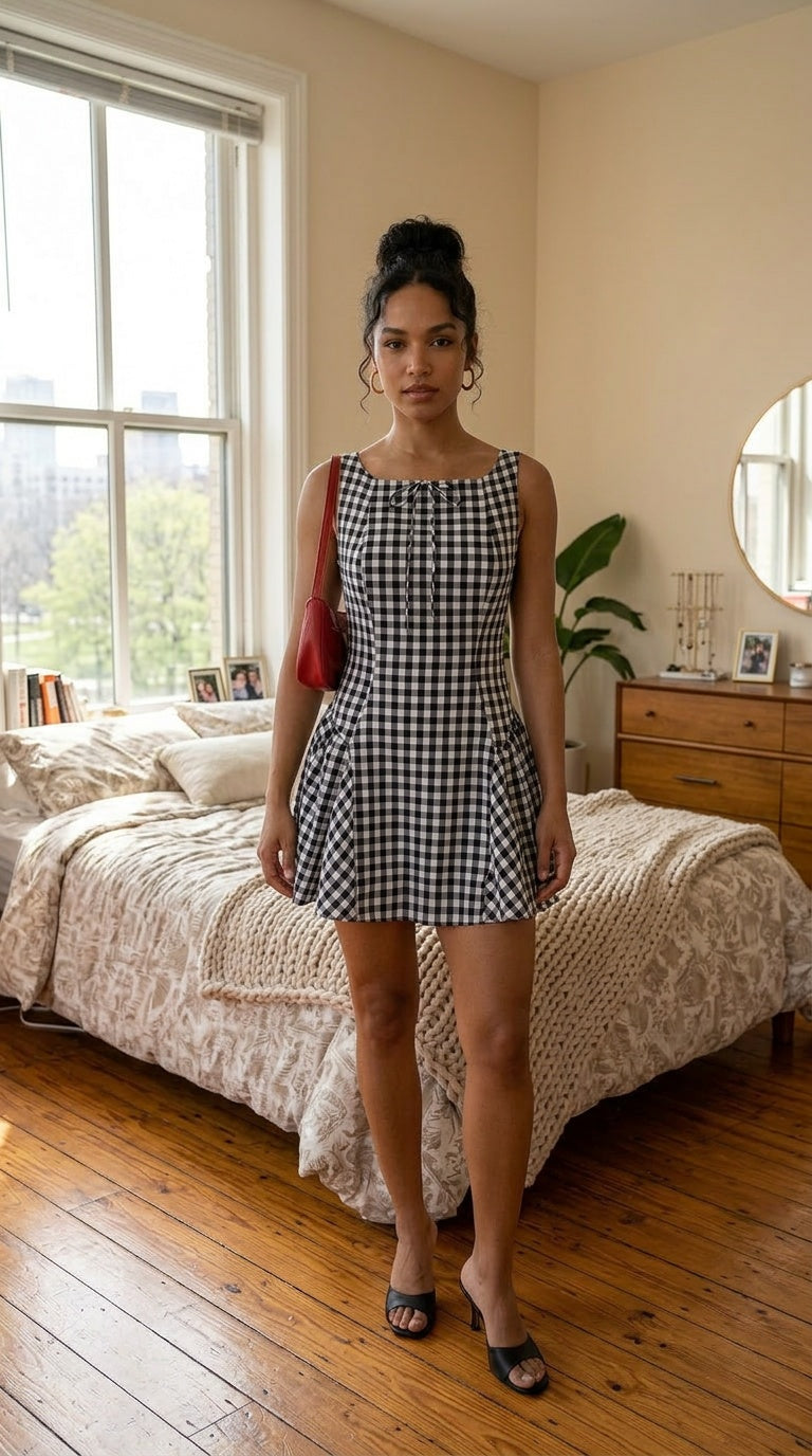 Pleated Waist Tight Suspender Plaid Dress