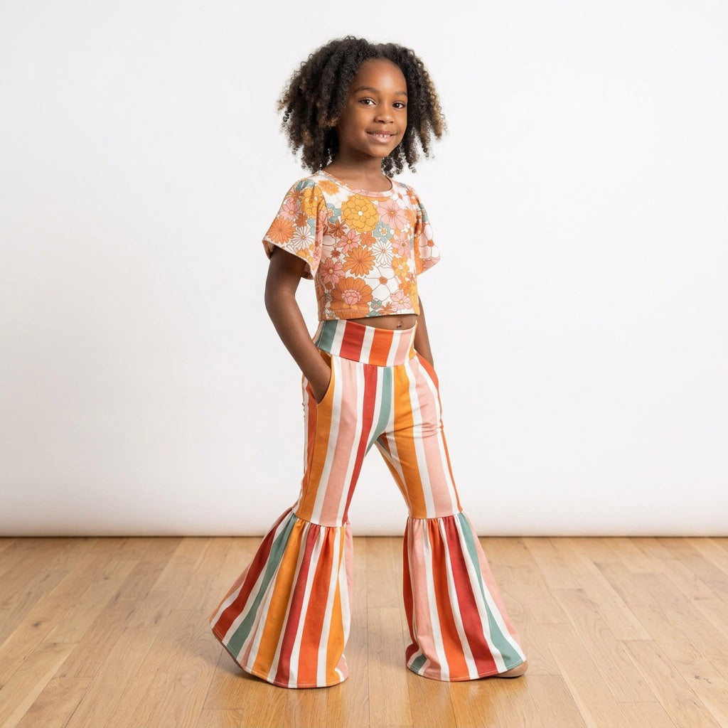 Floral top stripe bell bottom pants girls fall clothing