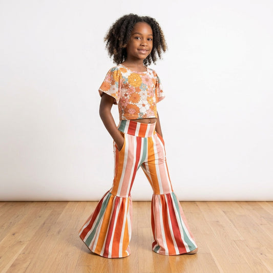 Floral top stripe bell bottom pants girls fall clothing