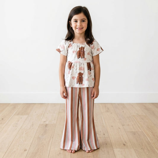 Highland cow floral top stripe pants girls clothing