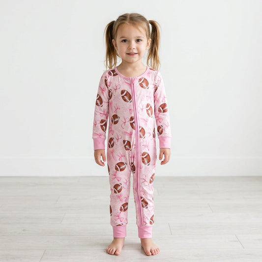 Pink bow football baby girls zipper romper