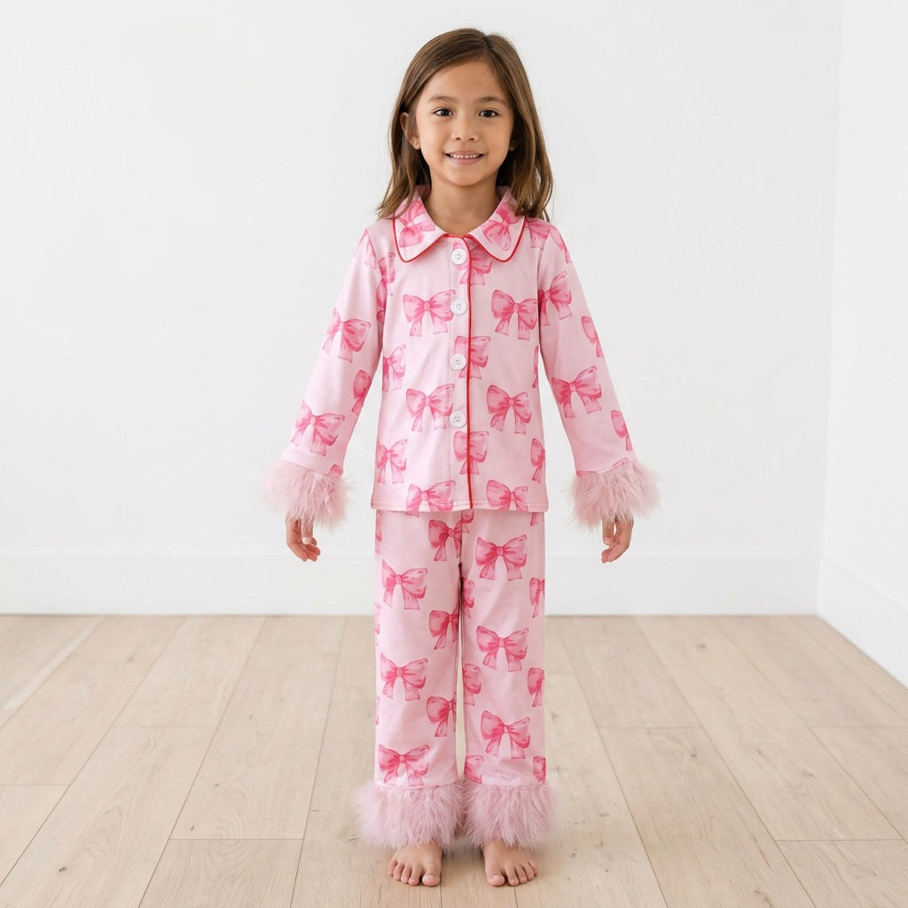 Pink bow fur long sleeves kids girls button down pajamas