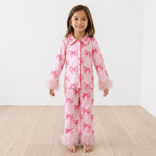 Pink bow fur long sleeves kids girls button down pajamas