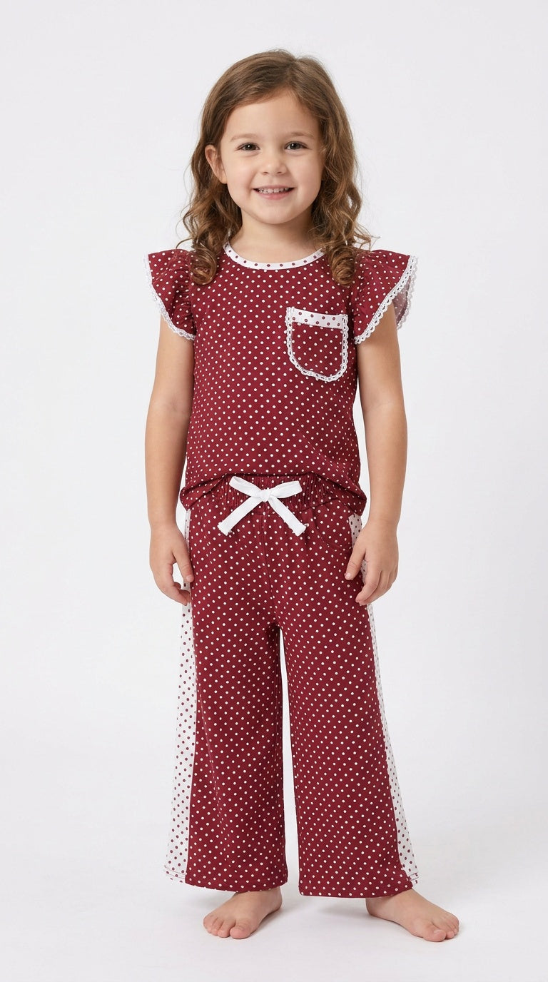 Maroon polka dots flutter sleeves top pants girls outfits