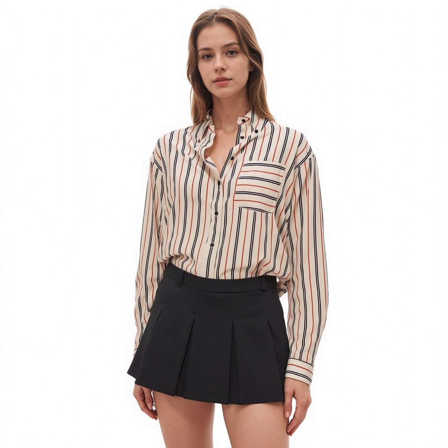 Pleione Women's Button Up Multi Stripe Shirt in Multi Stripe