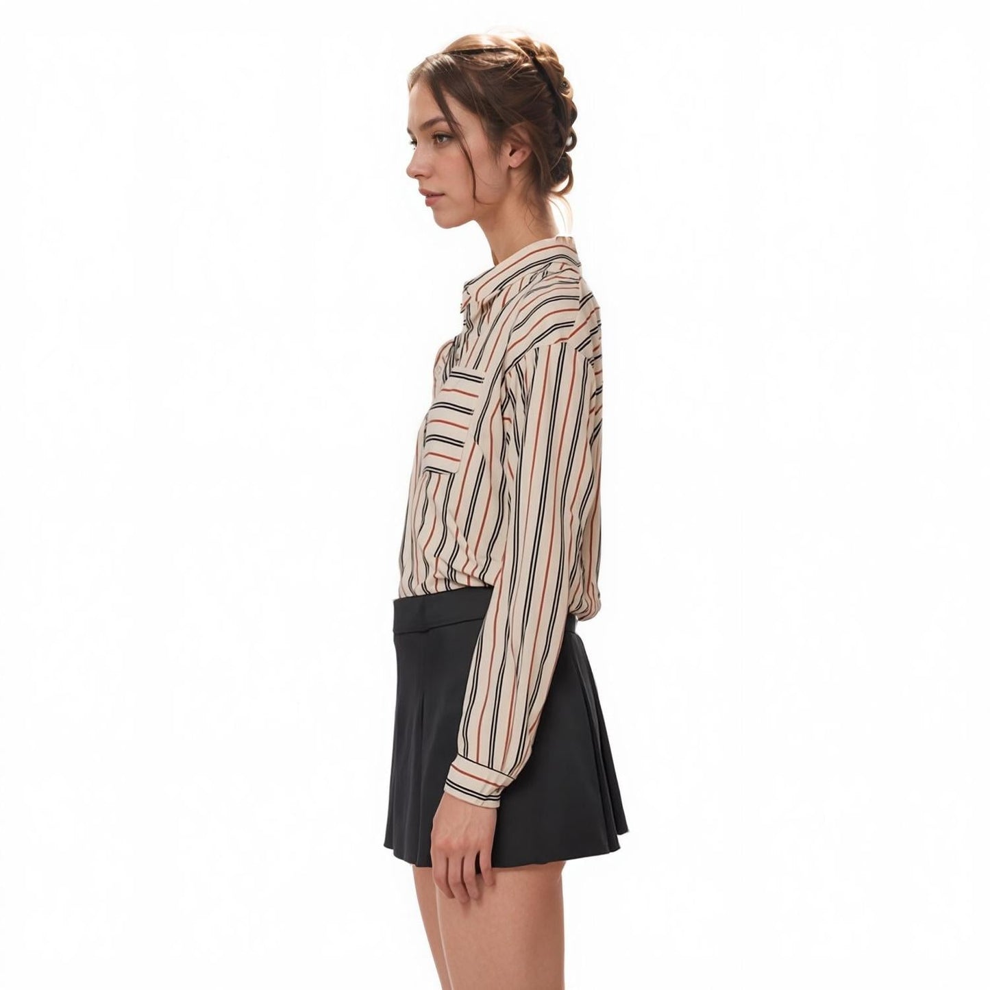 Pleione Women's Button Up Multi Stripe Shirt in Multi Stripe