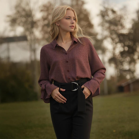 Pleione Women's Bell Cuff Button Down Shirt Blouse in Wallpaper