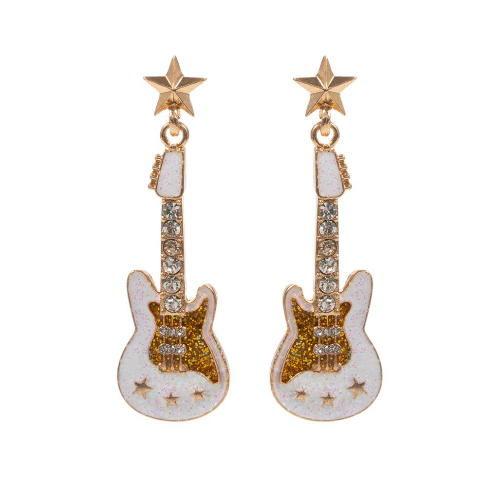 Stone Embellished Glittered Enamel Guitar Dangle Earrings