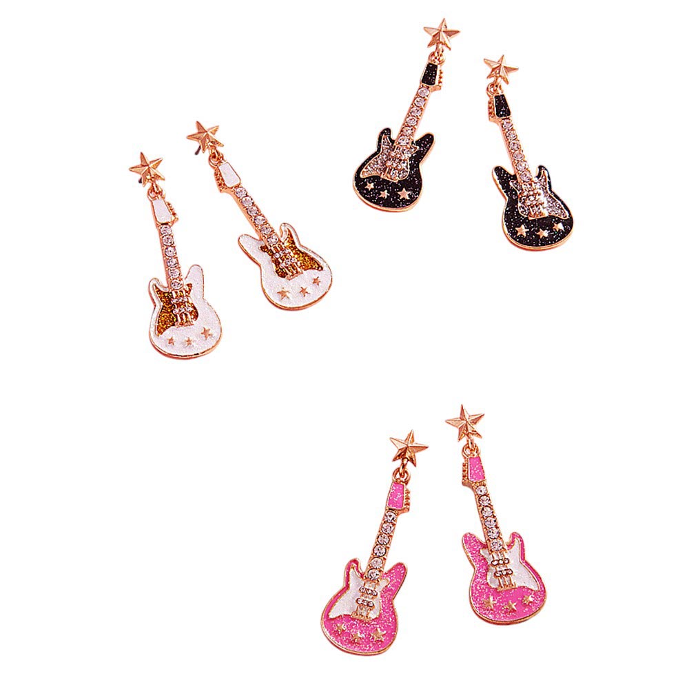 Stone Embellished Glittered Enamel Guitar Dangle Earrings