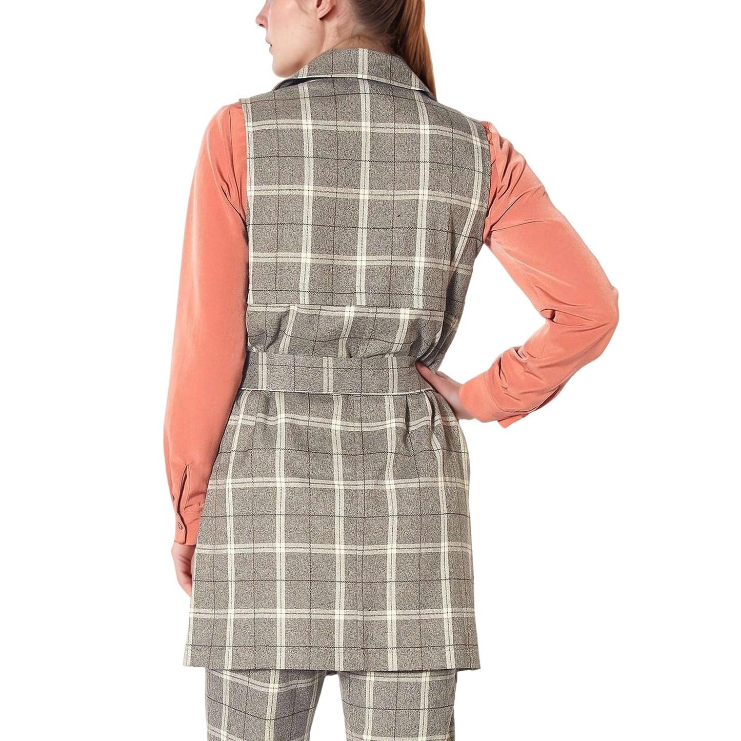 Pleione Women's Sleeveless Tie Waist Vest in Mocha Plaid