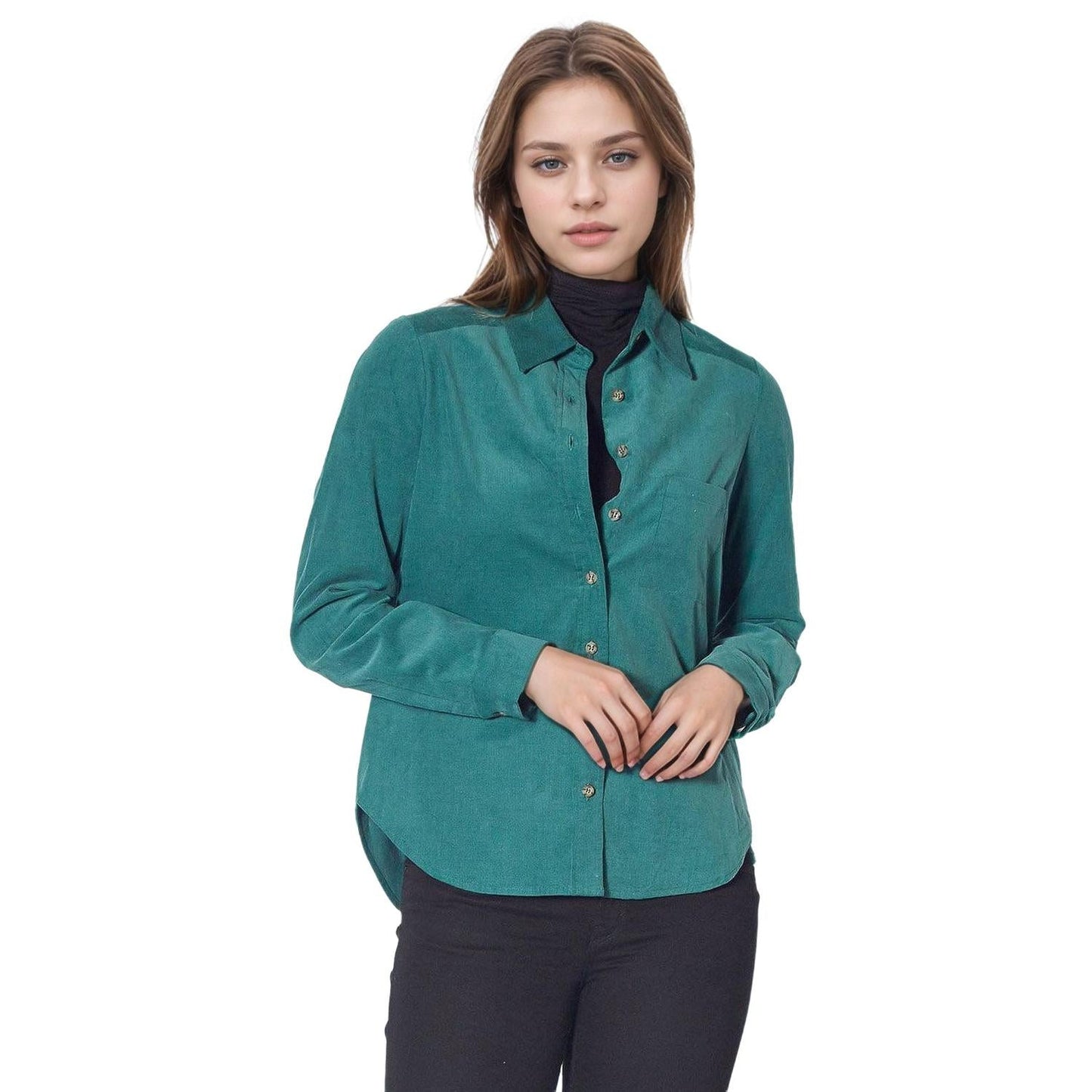 Pleione Women's Button Up Corduroy Shirt in Teal