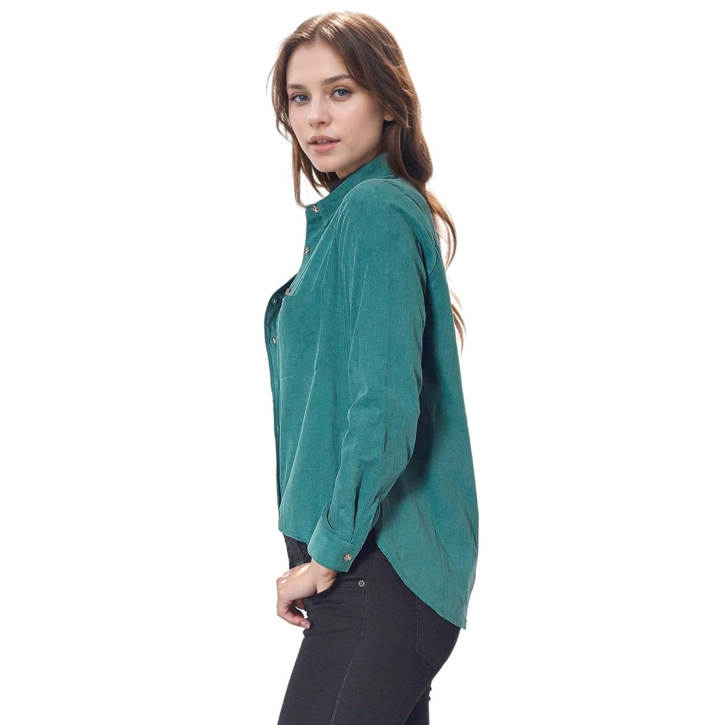 Pleione Women's Button Up Corduroy Shirt in Teal