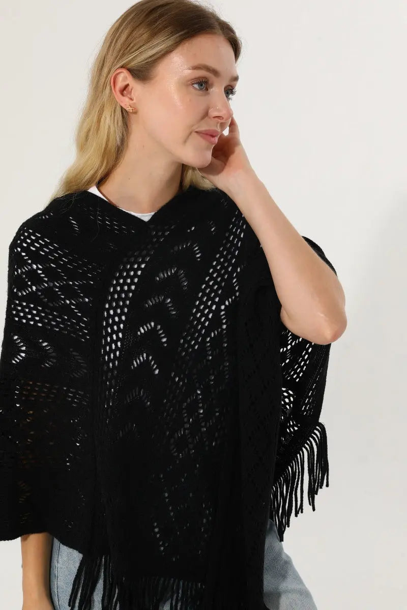 Hollow Knit Tassel Triangle Poncho Lightweight Shawl Wrap 🧶✨ Leto Collection