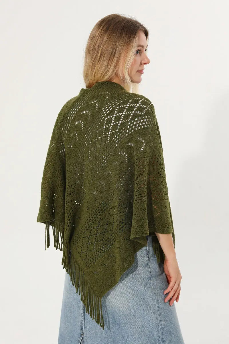 Hollow Knit Tassel Triangle Poncho Lightweight Shawl Wrap 🧶✨ Leto Collection