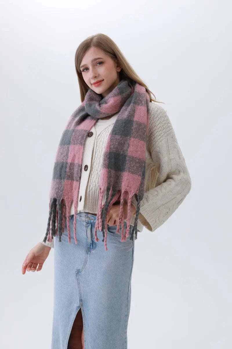 Classic Striped & Checkered Scarf – Timeless Fringe Elegance🧣✨