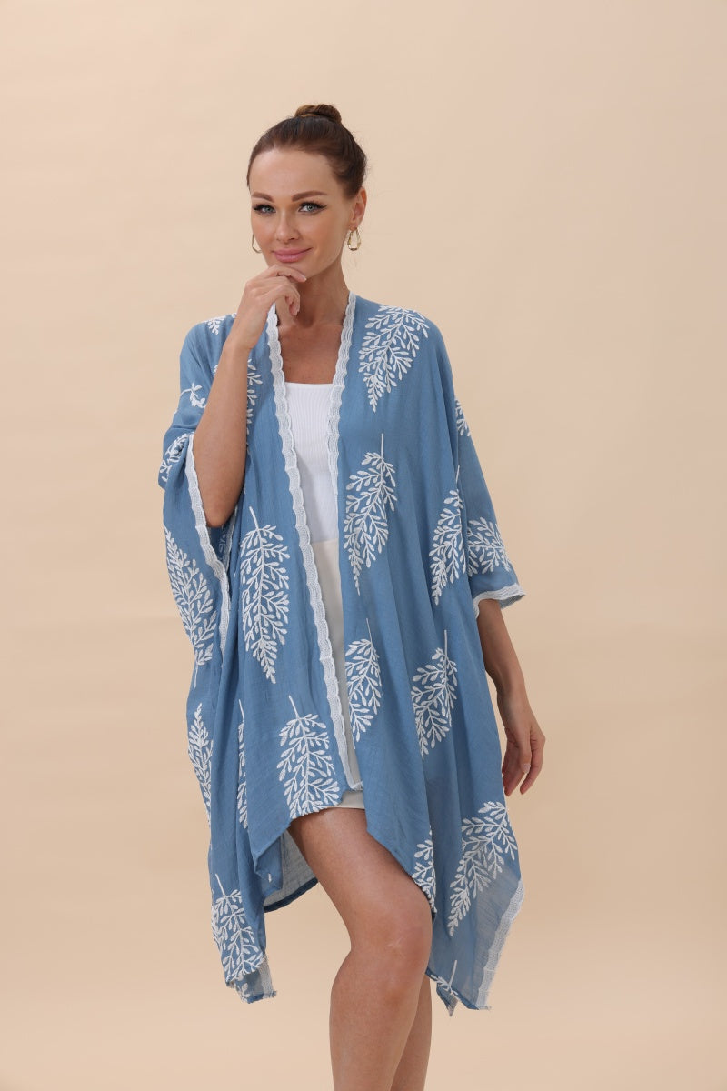 Botanical Leaf Embroidered Kimono Cardigan Boho Clothing and Accessories