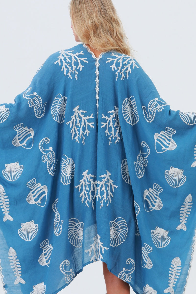 Seahorse Coral Seashell Embroidered Kimono – Ocean Breeze Cover-Up 🌊🐚 Leto Collection