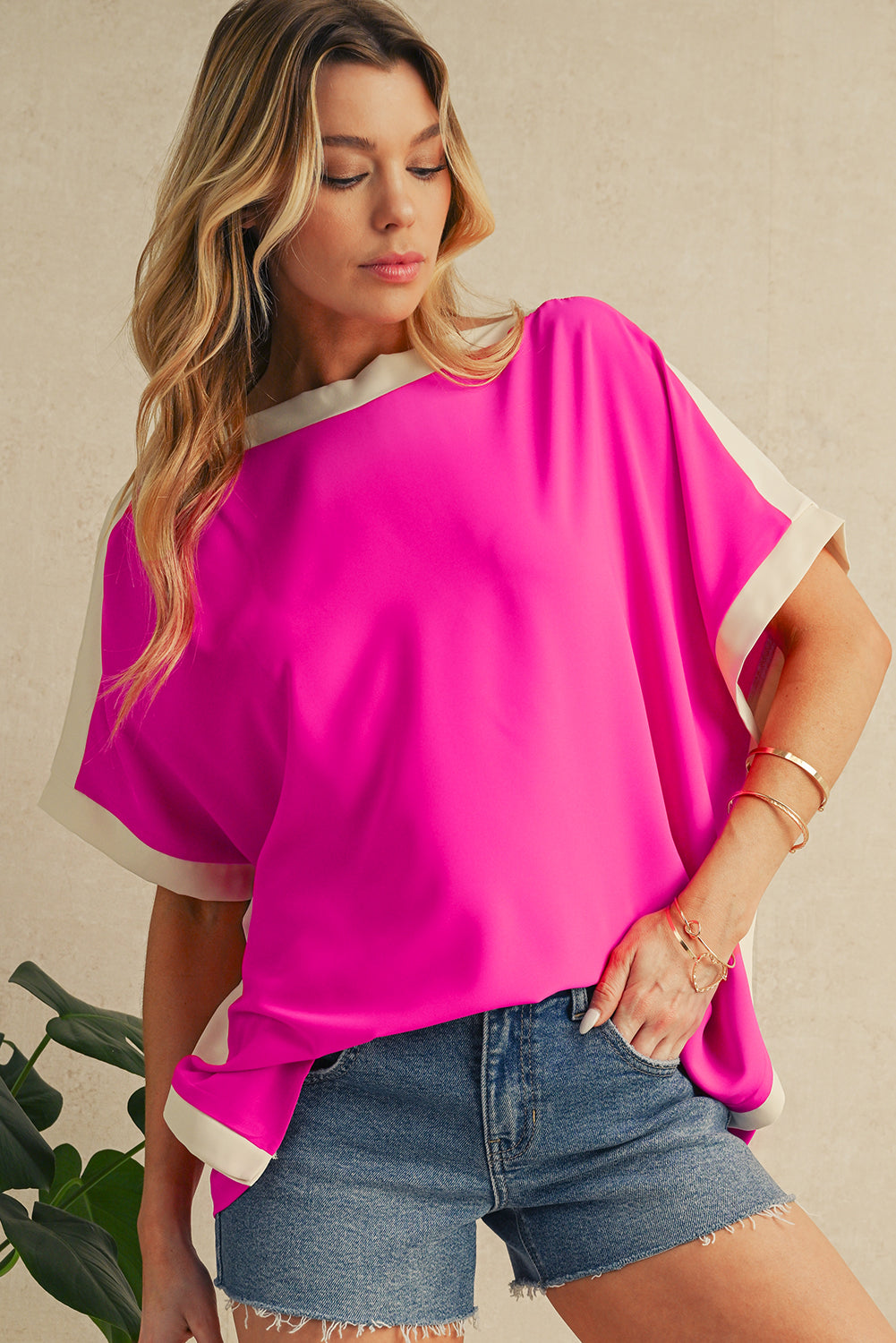 Color Block Boat Neck Tunic Blouse