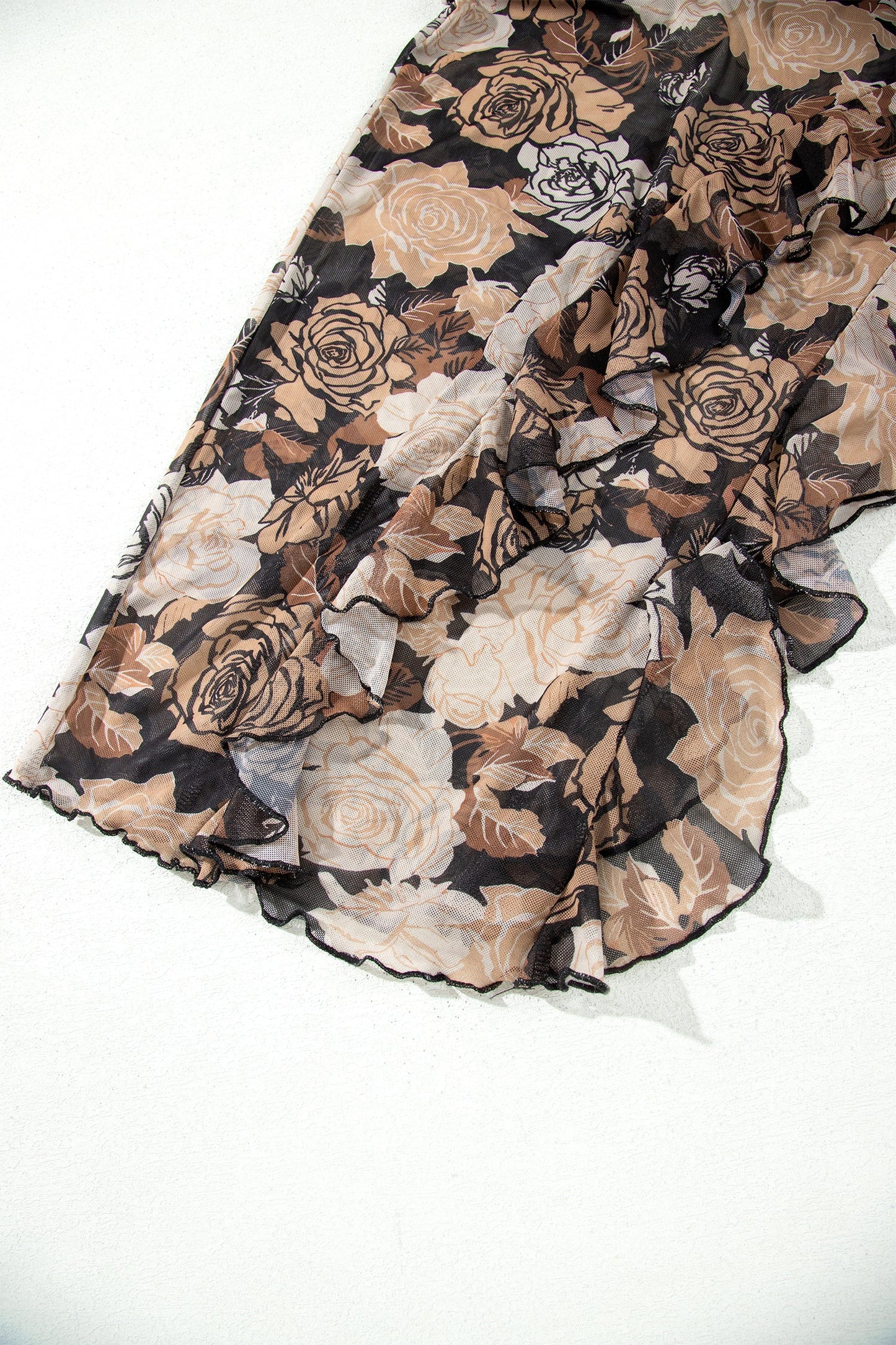 Floral Long Sleeve Asymmetric Ruffle Split Hem Mesh Dress