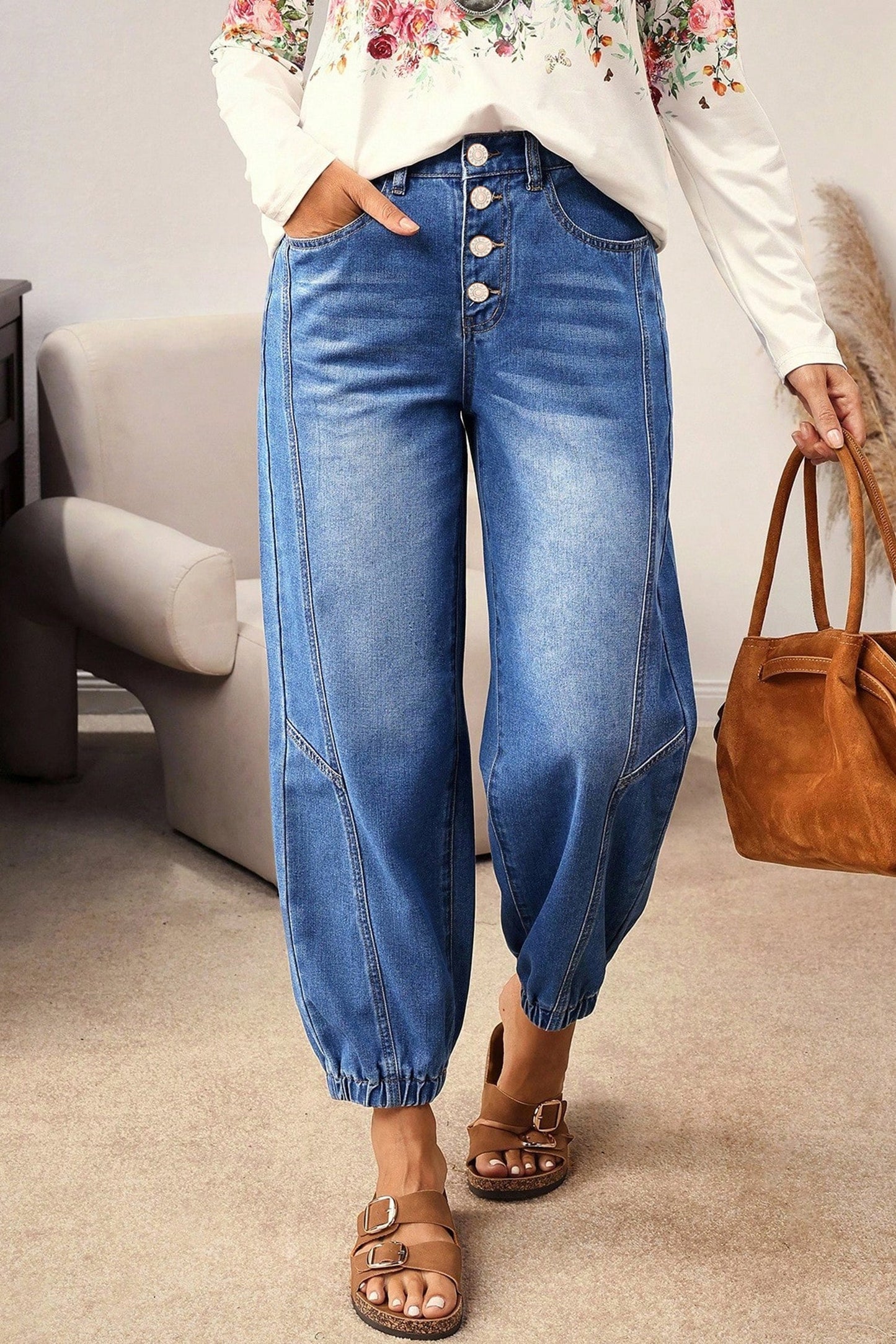 Blue 4 Buttons Front Tapered Casual Loose Fit Jeans