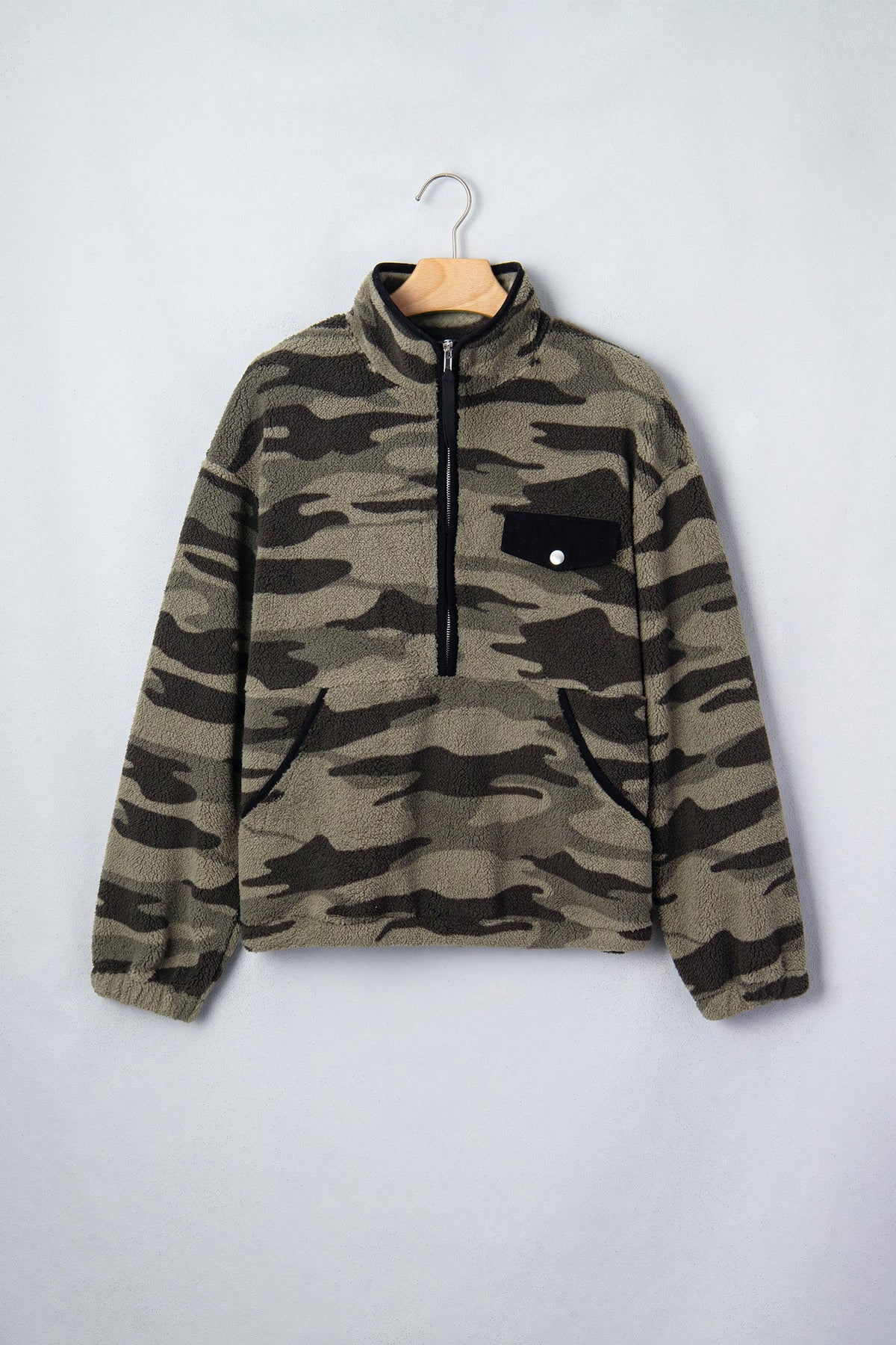 Camo Fleece Kangaroo Pocket Half Zip Sweatshirt