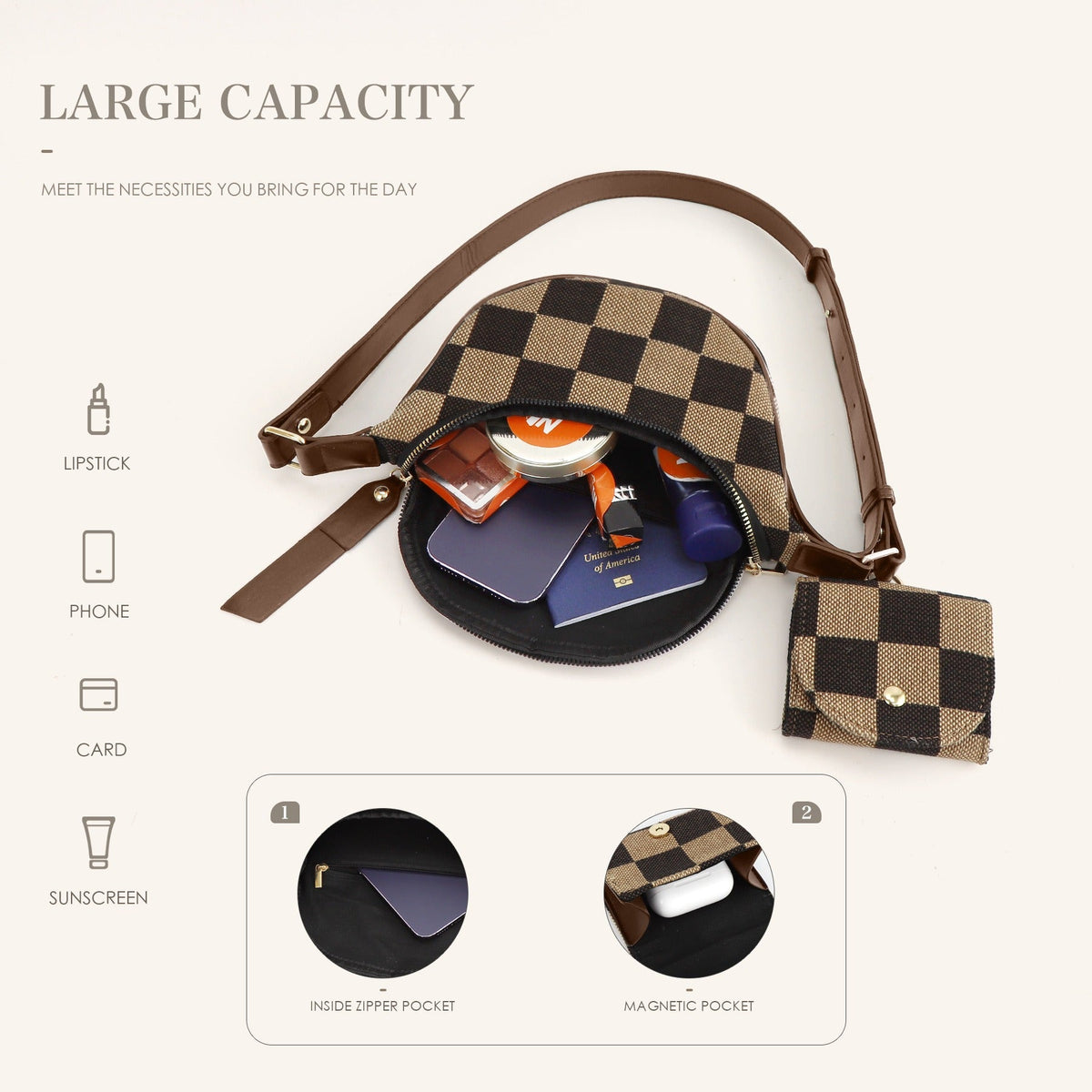 Small Crossbody Bag – Versatile Commute with Checkerboard Canvas