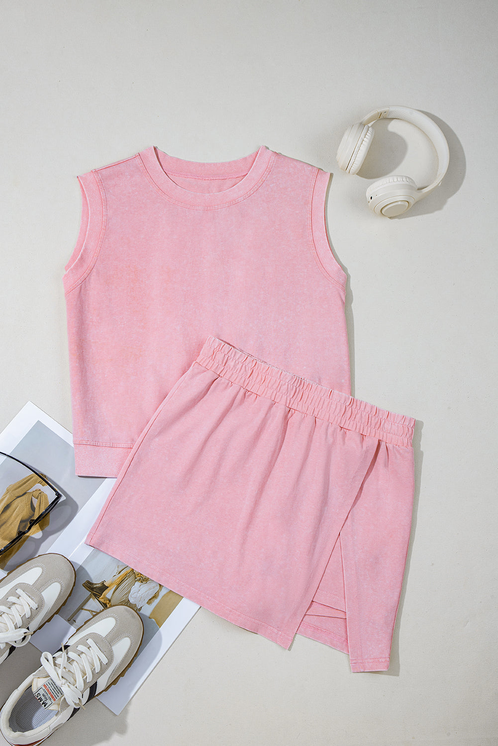 Aria 2 Pieces Mineral Wash Cotton Tank Top Lined Split Skirt Set