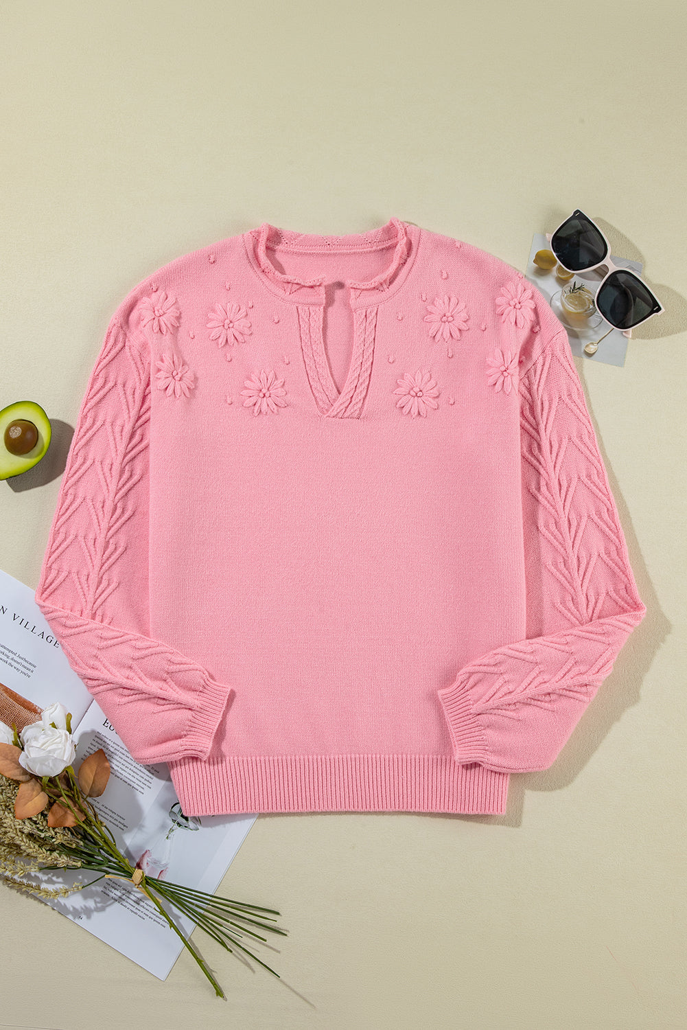 Blossom Knitted Notched Neck Sweater