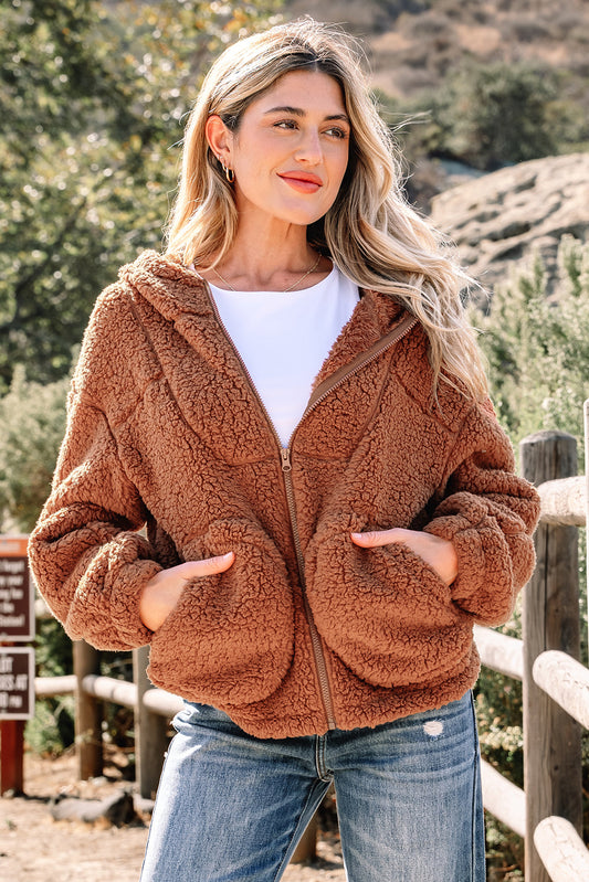 Solid Sherpa Fleece Zip Up Hooded Jacket