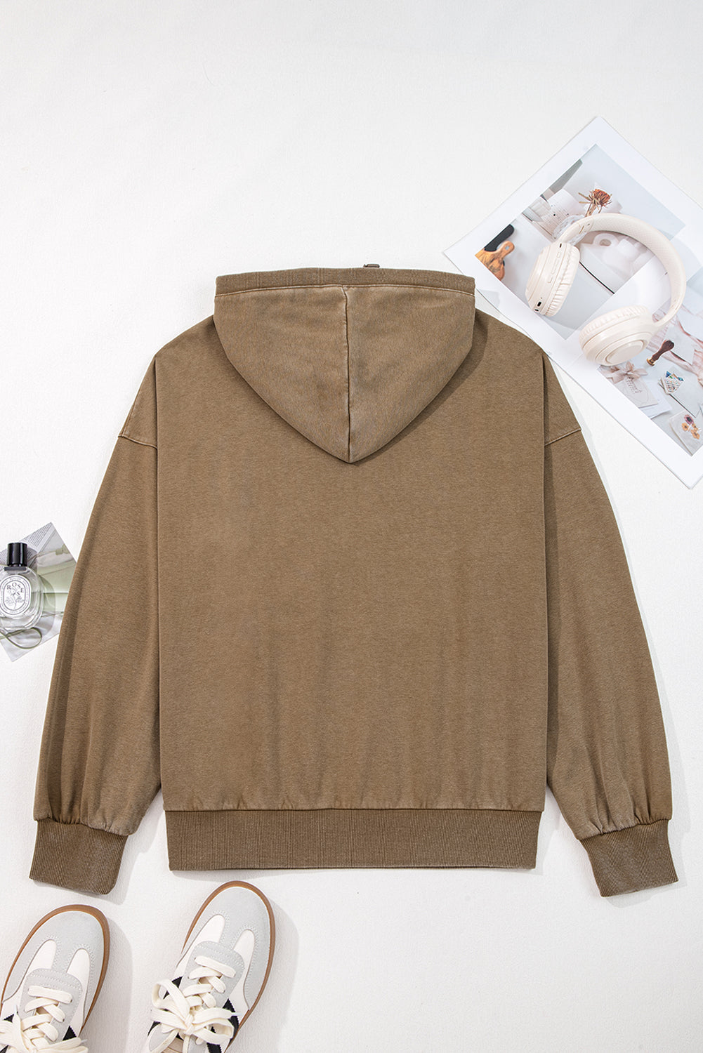 Solid Half-Zip Kangaroo Pocket Baggy Hoodie