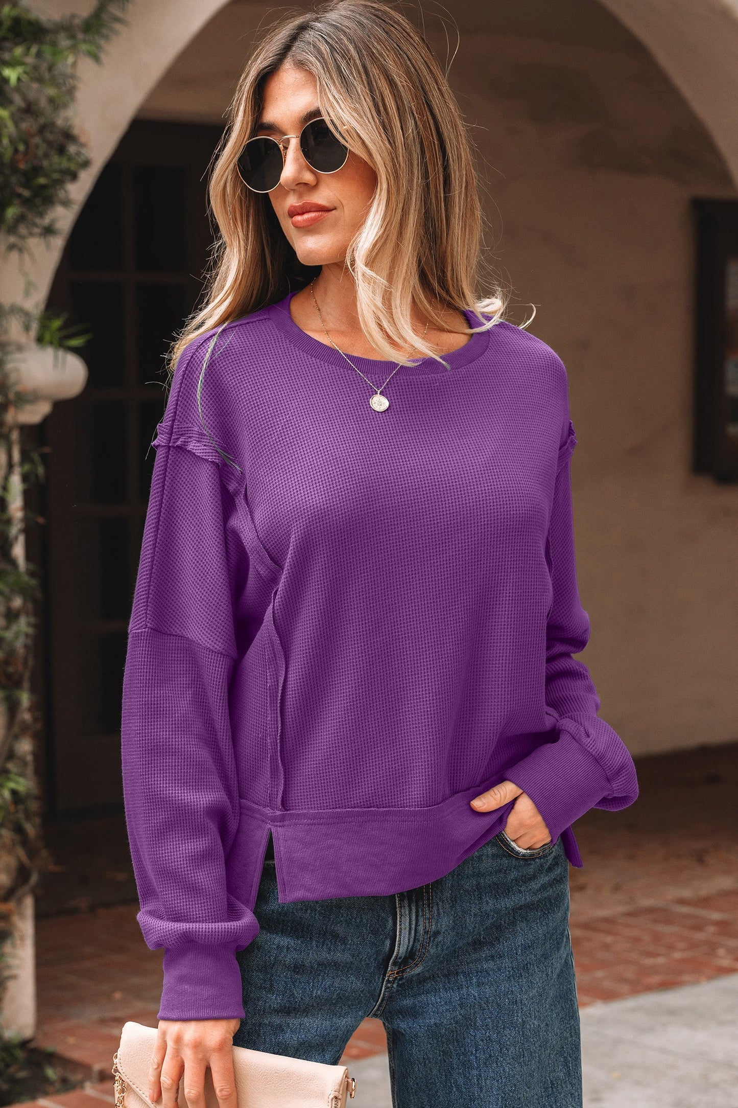 Solid Ribbed Raw Seam Patchwork Drop Shoulder Sweatshirt