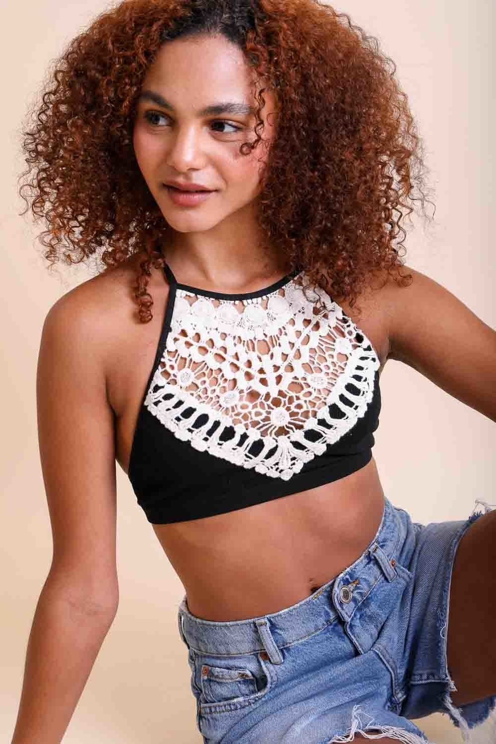 Crochet Lace High Neck Bralette – Halter Style with Cross-Back