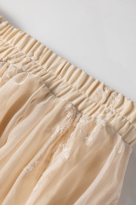 Solid Embroidered Mesh Overlay Midi Skirt