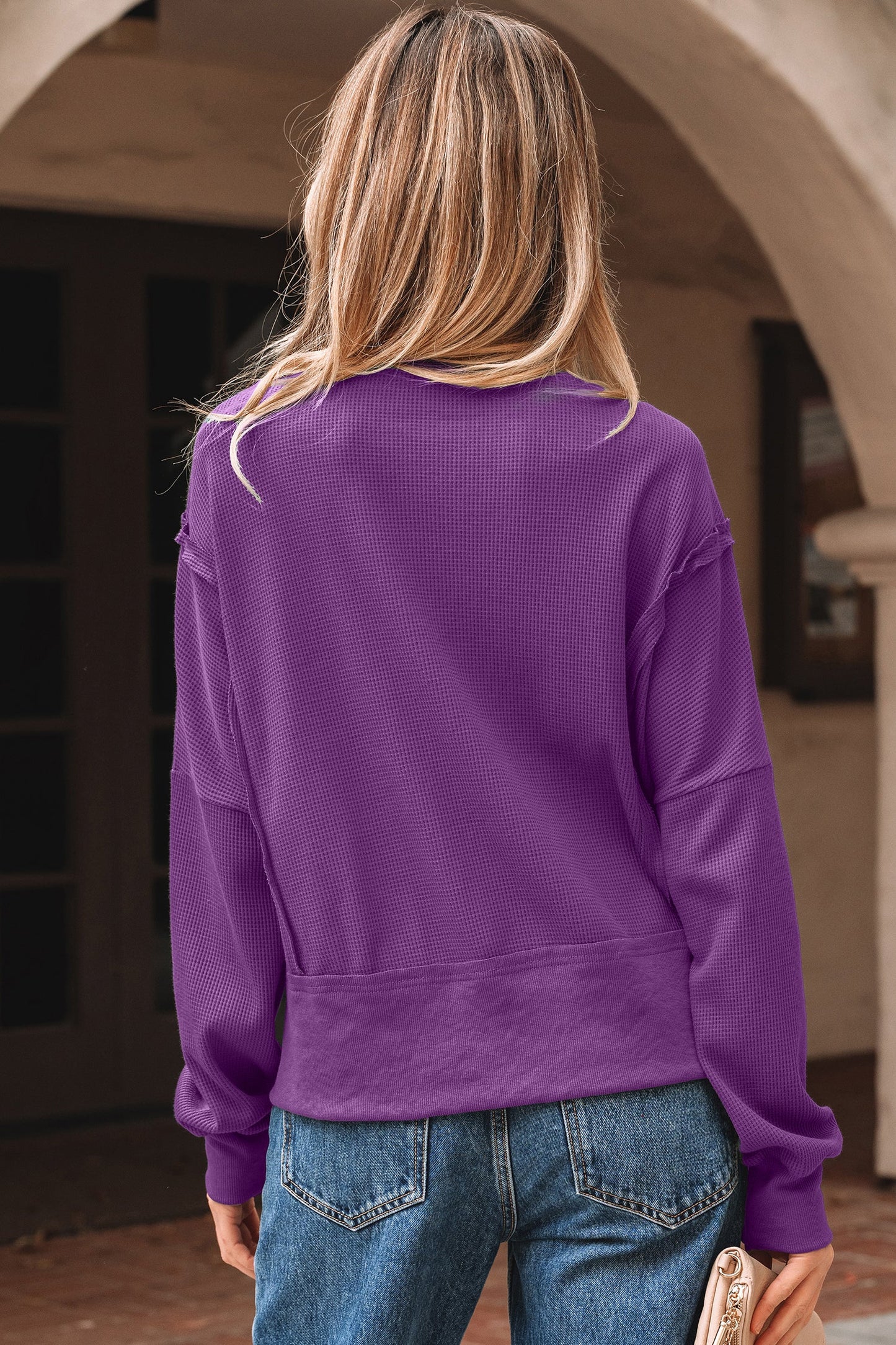 Solid Ribbed Raw Seam Patchwork Drop Shoulder Sweatshirt