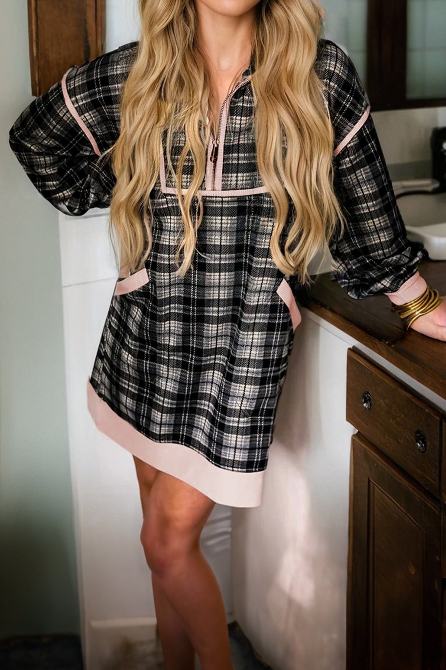 Black Plaid Polo Collar Zip up Mini Dress