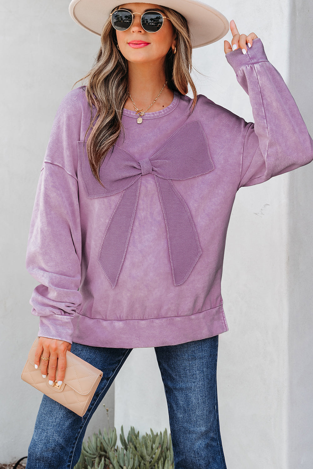 Solid Bow Patchwork Mineral Wash Sweatshirt
